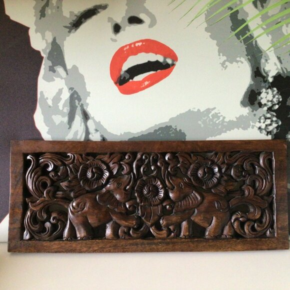 Vintage Ornate Hand Carved Wooden Elephant Floral Wall Panel Made in Thailand - Picture 2 of 16